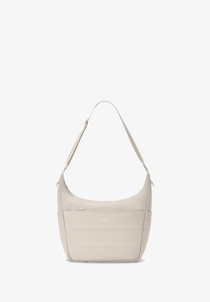 Sac à bandoulière beige matelassé avec sangle réglable, poche zippée à l'avant et logo "Larkson Hamburg" au centre devant.