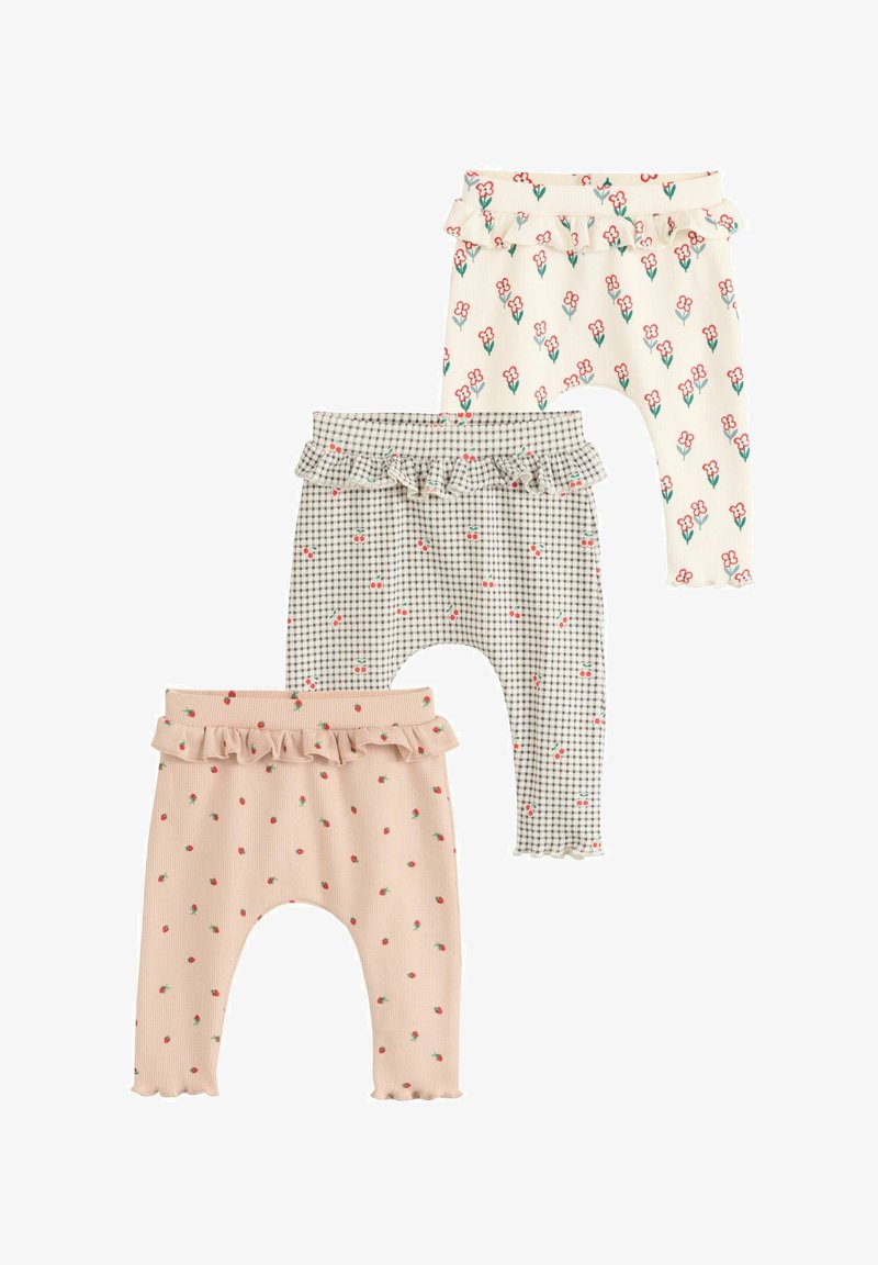 Trois paires de leggings pour bébé avec des ceintures froncées, présentant des motifs floraux, cerises et cerises à carreaux dans des couleurs pastel douces.