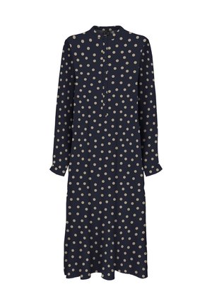 Granatowa sukienka midi z długim rękawem, beżowymi kropkami, okrągłym kołnierzykiem i zapinanym na guziki przodem.