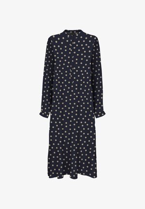 Robe midi à manches longues bleu marine avec pois beige, col rond et patte de boutonnage sur le devant.