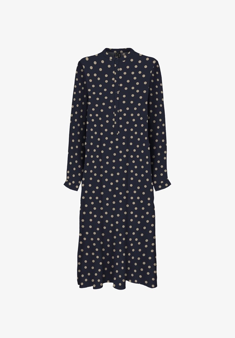Robe midi à manches longues bleu marine avec pois beige, col rond et patte de boutonnage sur le devant.