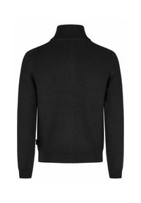 Schwarzer gerippter Strickpullover mit hohem Kragen, langen Ärmeln und enganliegendem Saum. Der Stoff hat eine glatte Textur und ein gleichmäßiges Muster.