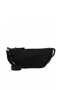 Borsa a tracolla in pelle nera con una forma slanciata e affusolata, caratterizzata da un design a coste testurizzate, chiusura a zip e tracolla regolabile.
