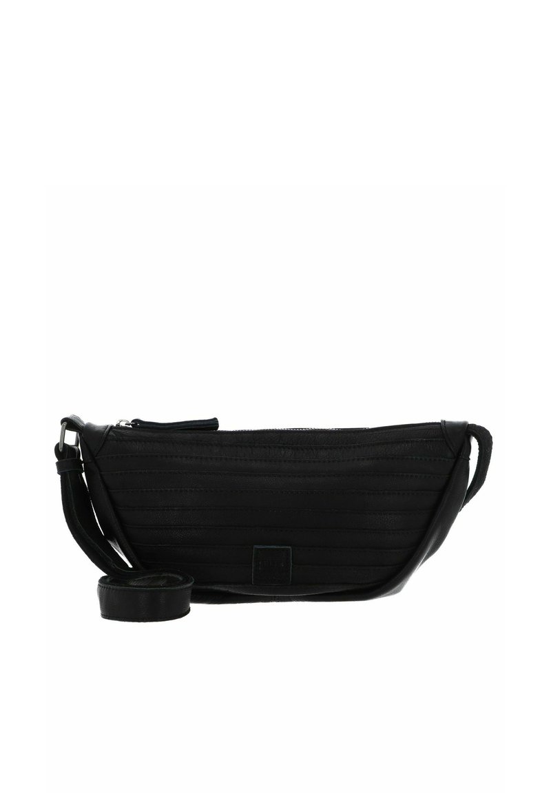 Borsa a tracolla in pelle nera con una forma slanciata e affusolata, caratterizzata da un design a coste testurizzate, chiusura a zip e tracolla regolabile.