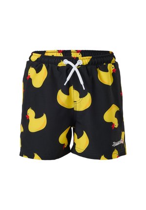Sorte badeshorts med en hvid snor, der har et gentaget mønster af gule gummiænder med røde næb.