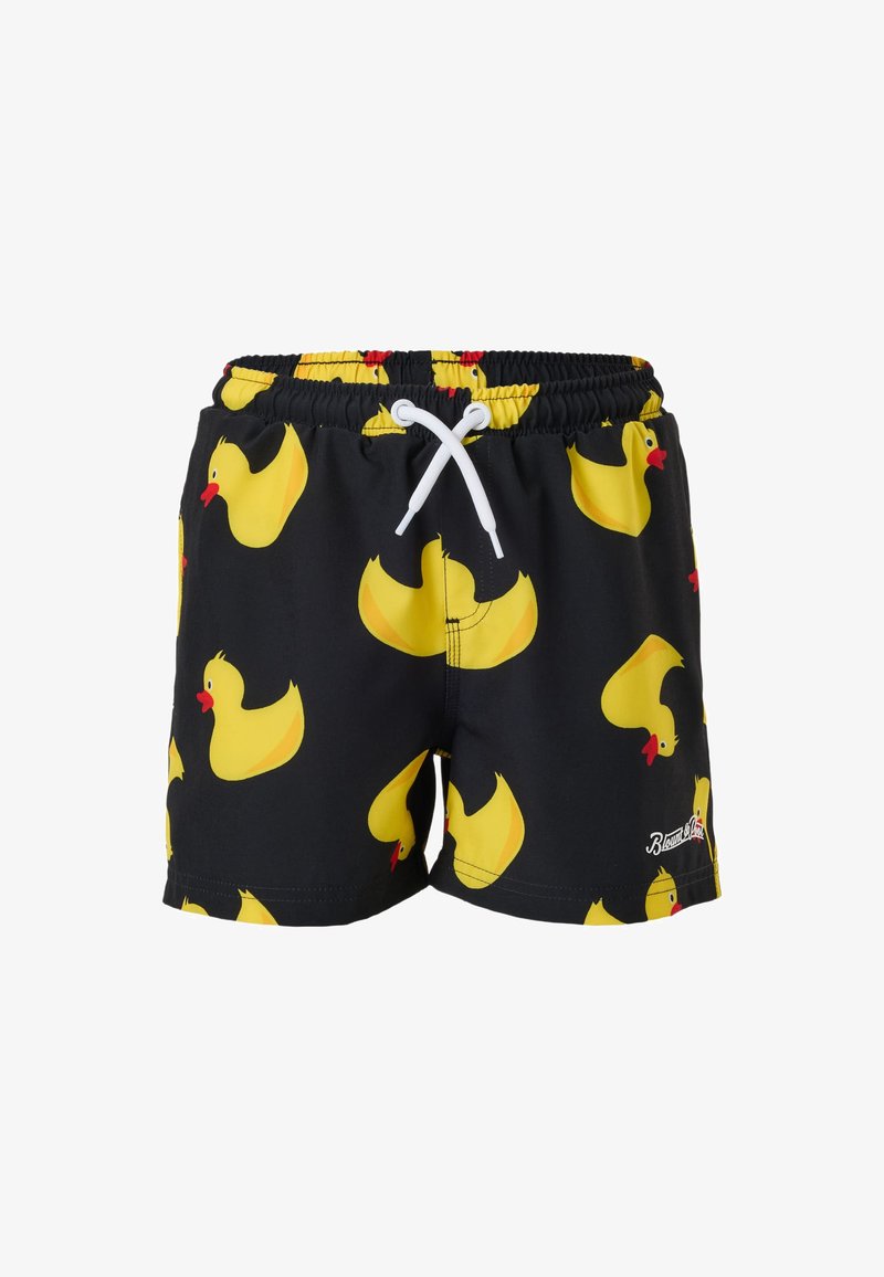 Shorts de bain noirs avec un cordon blanc, présentant un motif répétitif de canards en caoutchouc jaunes avec des becs rouges.