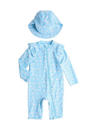 Light blue baby swimsuit and matching sun hat with white and pink floral pattern, long sleeves, zipper front, and ruffled shoulders.