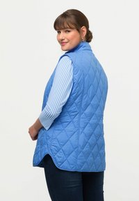 Blå vadderad väst med hög krage och diamantmönster, bärs över en vit och blå randig skjorta. Profilvy visar en längre bakre fåll.