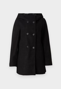 Black mid-length double-breasted coat with six buttons and a wide hood, displayed against a plain white background.