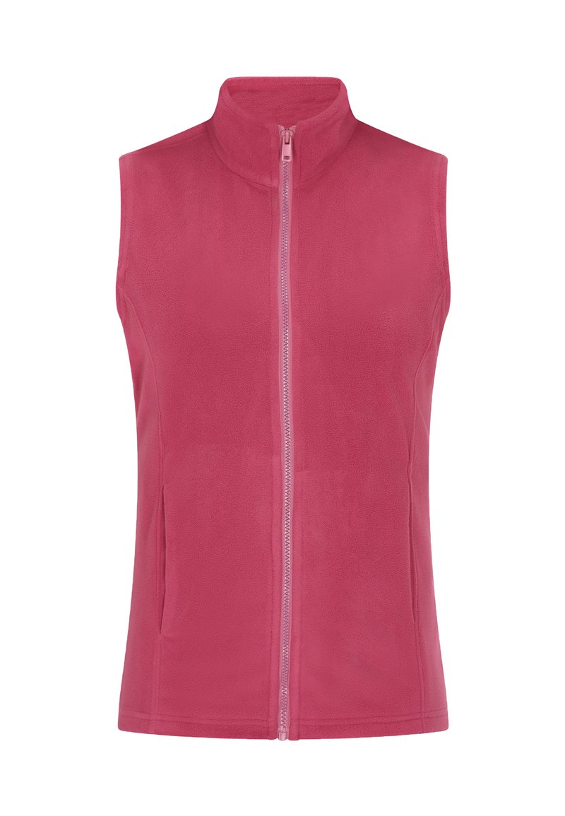 Vest din fleece de culoare roz aprins, cu guler înalt, fermoar pe toată lungimea frontului și buzunare laterale, evidențiind un material neted, cu textură.