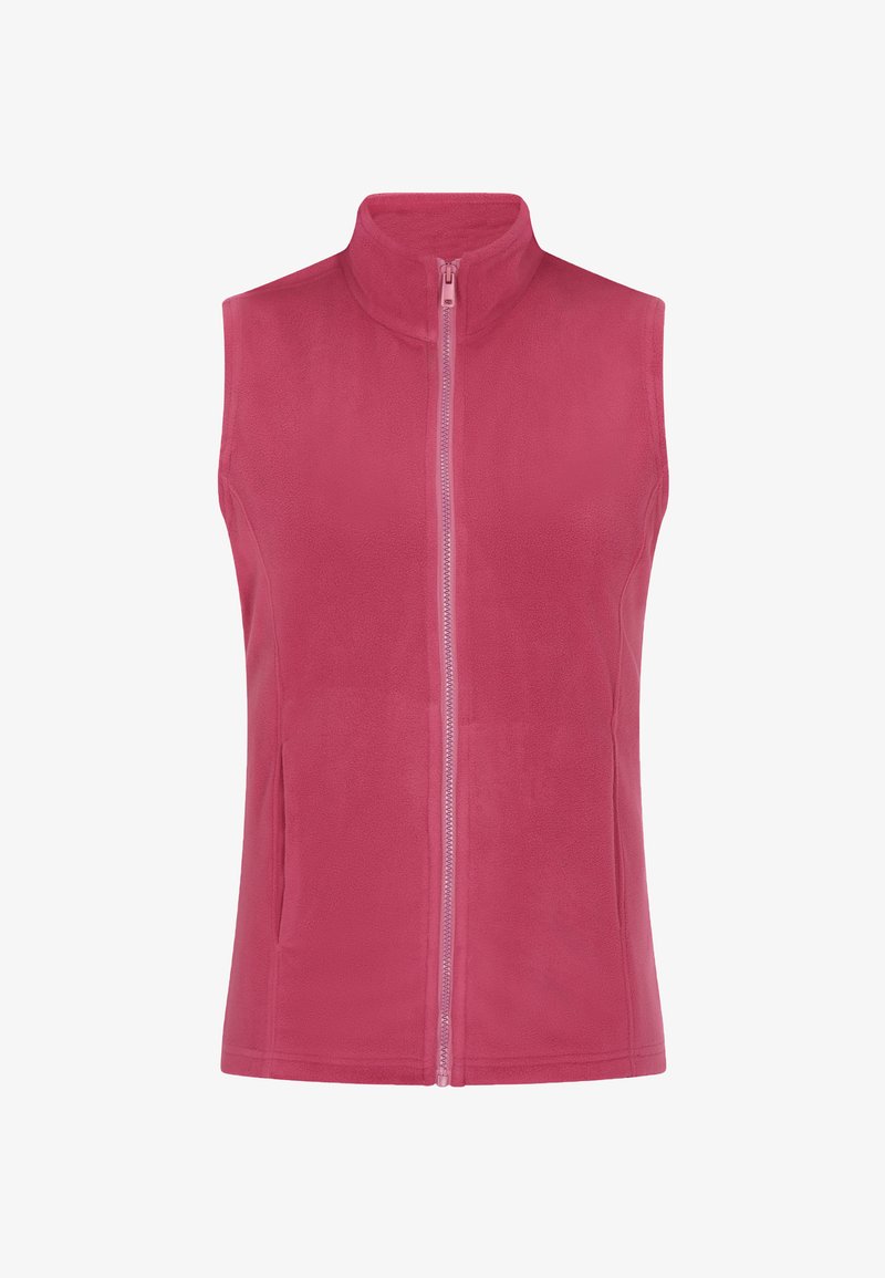 Fleece-Weste in leuchtendem Pink mit hohem Kragen, durchgehendem Reißverschluss und seitlichen Taschen, die einen glatten, strukturierten Stoff präsentiert.