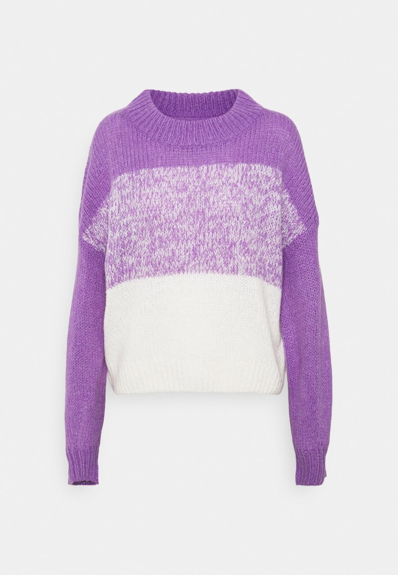 Knitted sweater with a purple and white color block design, featuring a rounded neckline and long sleeves with ribbed cuffs.