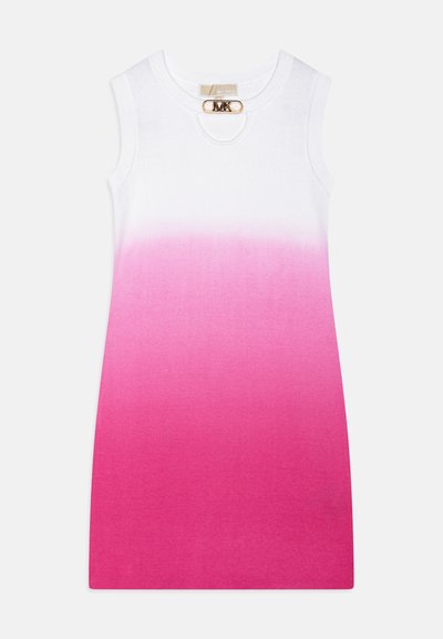 Knit sleeveless dress featuring an ombre gradient from white to pink, round neck, and gold logo hardware detail at the neckline.