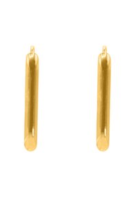 Boucles d'oreilles en métal doré avec une forme élancée et épurée. Surface lisse avec une finition brillante et une petite boucle pour l'attache.