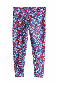 Leggings blu con un fitto motivo floreale rosso, bianco e azzurro chiaro, mostrati distesi senza marchi visibili o accessori.