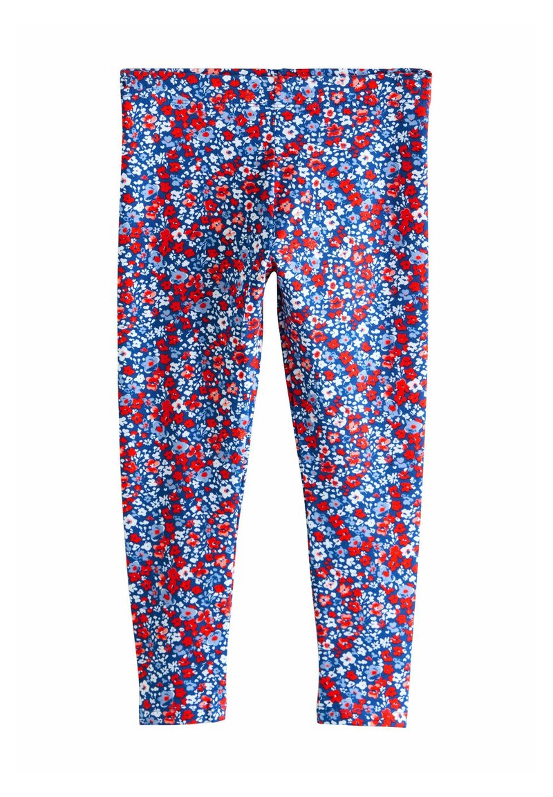 Leggings blu con un fitto motivo floreale rosso, bianco e azzurro chiaro, mostrati distesi senza marchi visibili o accessori.