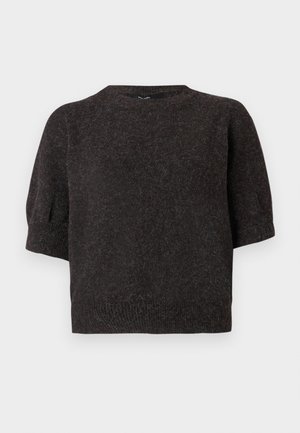 Mørkegrå kortærmet sweater med strikket tekstur, ribbet kant, rund halsudskæring og let puffede ærmer, der har et blødt og hyggeligt stof.