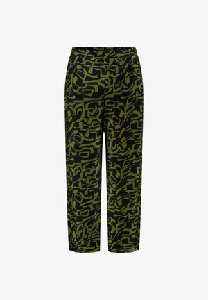 Green and black patterned trousers with a ribbed texture, featuring an elastic waistband and loose fit, designed for comfort and flexibility.