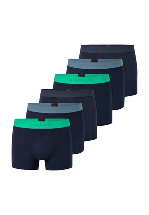 Six pairs of navy blue men's boxer briefs with elastic waistbands in alternating green, light blue, and dark blue colors, arranged in staggered rows.