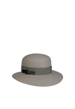 Gray wide-brim hat with a rounded crown, featuring a matching fabric band and a black buckle detail on a white background.