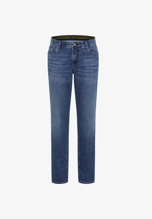 Denim jeans in een donkerblauwe was met een rechte pijpdesign, vijf zakken en een ritssluiting. Beschikt over een contrasterende groene binnenband.