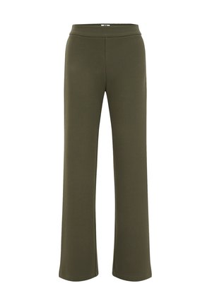 Olive green wide-leg pants made of soft fabric, featuring an elastic waistband and no visible stitching or pockets, designed for comfort.