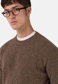 Brūns teksturēts adīts džemperis ar apaļu izgriezumu, uzvilkts pār baltu kreklu. Modelis valkā bruņurupuča raksta apaļās brilles, ar gludām sejas iezīmēm.