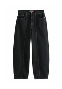 Fekete farmernadrág laza szabással, kontrasztos sárga varrással, öt zsebbel és gombos derékpánttal.