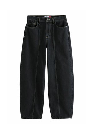 Jeans in denim nero a gamba larga con cuciture gialle, design a cinque tasche e chiusura con bottone. Presentano una silhouette dritta e una finitura pulita.