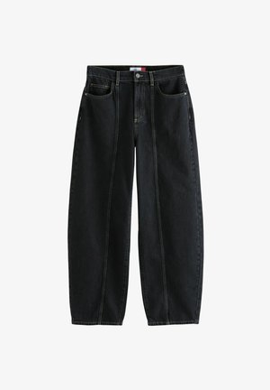 Sorte denimbukser med løs pasform, kontrastfuld gul søm, fem lommer og knaplukning i taljen.