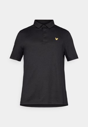 Čierne polo tričko vyrobené z hladkej látky, s klasickým golierom, krátkymi rukávmi a malým zlatým logom orla na hrudi.