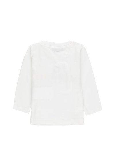 Camicia bianca a maniche lunghe con colletto rotondo a coste, vista da dietro su uno sfondo bianco.