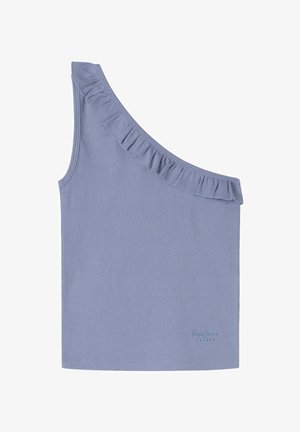Top a spalla unica di colore blu chiaro, in tessuto a costine, con un bordo arricciato lungo il colletto. Piccolo dettaglio con logo sull'orlo inferiore.
