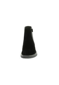 Black suede ankle boot with a rounded toe, low heel, and textured rubber sole; features visible stitching and a pull tab at the back.