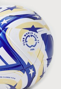FIFA Club World Cup 2025 soccer ball featuring a textured surface, blue and gold star patterns, and a white background with logos.