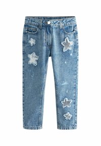 Jeans de mezclilla en azul claro con un diseño ajustado, que cuentan con cinco apliques de estrellas plateadas y un acabado desgastado. Diseño de pierna recta.