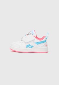 White sneaker with pink accents and blue side stripes. Features a cartoon graphic on the front and a hook-and-loop strap for easy wear.