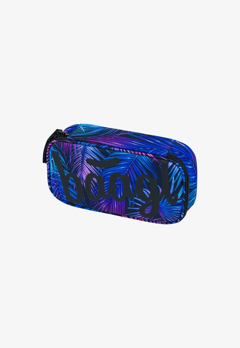 Astuccio blu con vivaci motivi di foglie di palma in viola e nero, dotato di un logo nero ben visibile e chiusura con zip resistente.