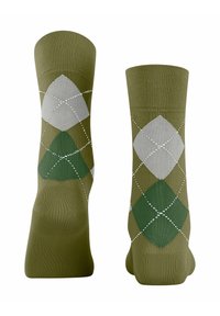 Skarpetki w zielono-szary wzór argyle z diamentowymi kształtami, z naramkami ribbed i gładką teksturą, zaprojektowane z myślą o komforcie i trwałości.