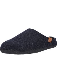 Mörknavy slip-in-toffel, strukturerad ullöverdel, rund tåform, svart gummisula, liten brun läderetikett som accent vid sidan.