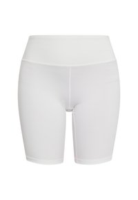 Shorts da ciclismo bianchi a vita alta, realizzati in tessuto elasticizzato, con una superficie liscia e dettagli di cucitura minimi.