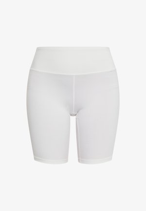 Valged kõrge talje bike šortsid, mis on valmistatud elastsetest kangast, sileda tekstuuri ja minimaalse õmblusdetailiga.