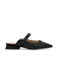 Scarpa slingback nera con punta appuntita, con tomaia testurizzata, cinturino decorato e tacco a blocco. Presenta un motivo intrecciato e una fodera interna liscia.