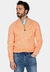 Oranje gebreide pullover met een half-rits kraag, geribde manchetten en zoom. Draag over een lichtblauw gestreept shirt en gecombineerd met blauwe spijkerbroeken.