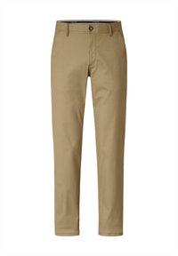 Beige Chinos mit geradem Bein, ausgestattet mit einem Frontknopfverschluss, zwei Seitentaschen und einem glatten Baumwollmischgewebe.