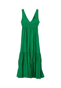 Grünes ärmelloses Maxikleid mit tiefem V-Ausschnitt, elastischem Taillenbund und gerafftem, gestuftem Rock vor weißem Hintergrund.