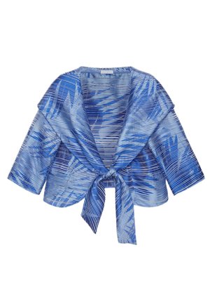 Sininen lyhyt takki, jossa on palmulehtikuvio, leveä kaulus, 3/4-hihat ja etuosassa solmittava kiinnitys.