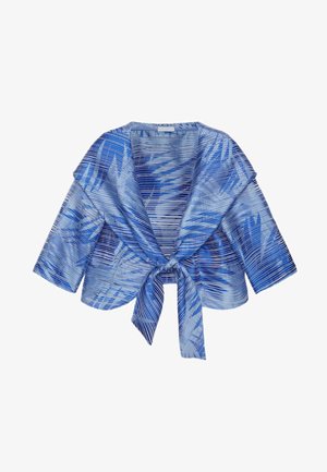 Sininen lyhyt takki, jossa on palmulehtikuvio, leveä kaulus, 3/4-hihat ja etuosassa solmittava kiinnitys.