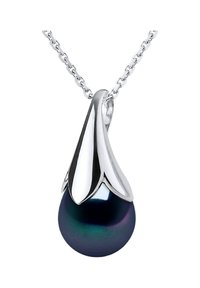Pendentif en argent avec une perle noire et un sommet en forme de bouton. La perle affiche des teintes iridescentes, mises en valeur par des accents en argent poli et une chaîne.
