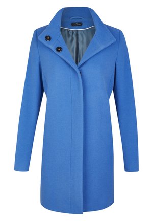 Sininen, pitkähihaisen villatakin leveä kaulus, kaksi mustaa nappia pääntiellä ja piilotettu etukiristys.